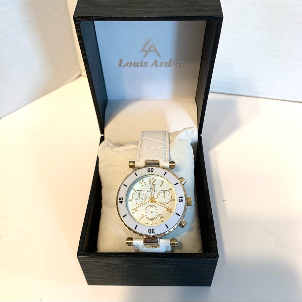 Louis Arden Ladies Wrist Watch White Dial Leather Band Analog Gold Bezel New Box